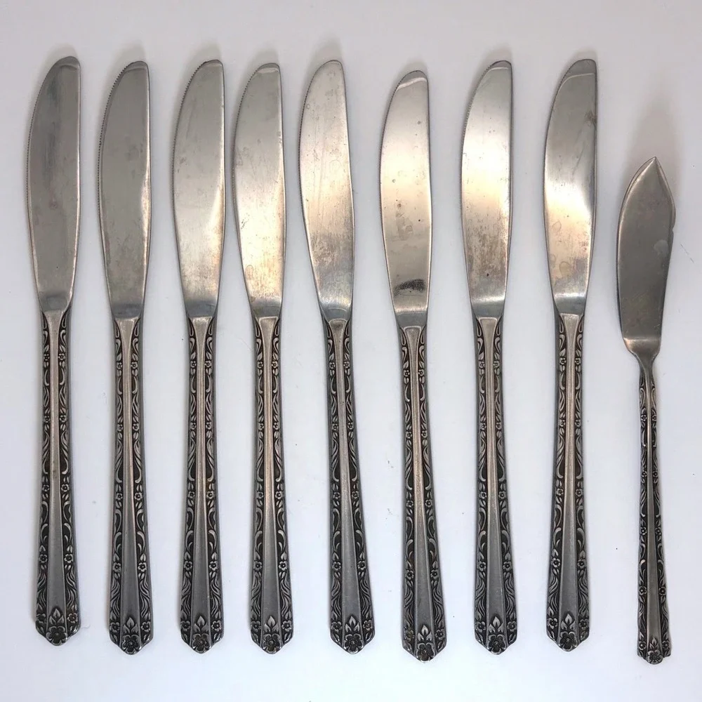 Vtg Interpur Mexicali Rose Stainless Japan Flatware 8 Knives 1 Butter Knife MCM